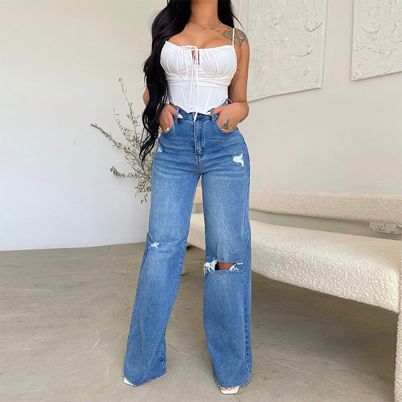 Damen weite High-Waist Jeans mit destroyed Effekten Drune