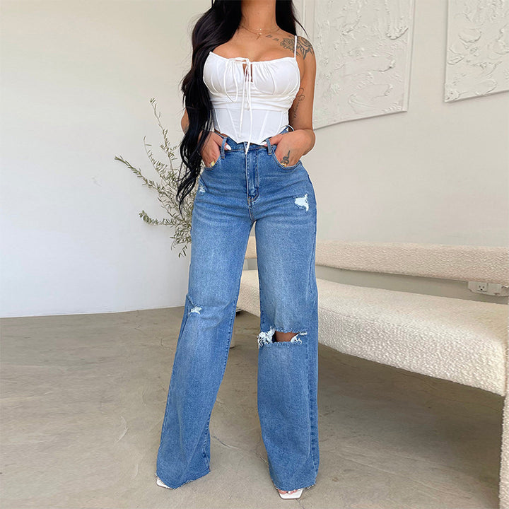 Damen weite High-Waist Jeans mit destroyed Effekten Drune