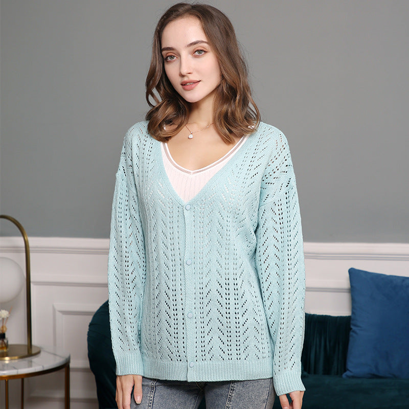 Damen Strickcardigan mit luftiger Lochmusterung und V-Ausschnitt Drune
