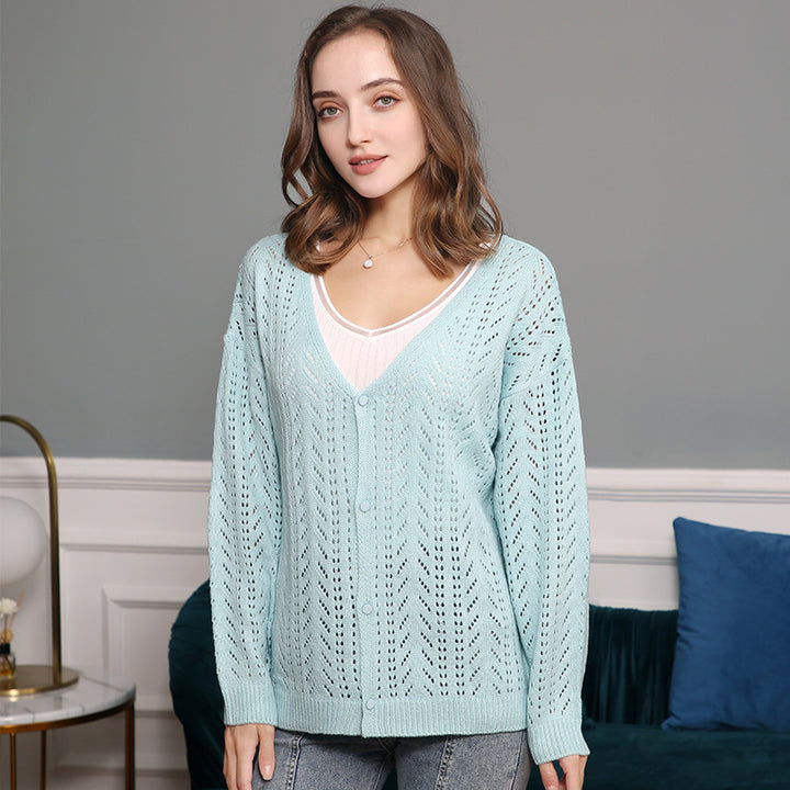 Damen Strickcardigan mit luftiger Lochmusterung und V-Ausschnitt Drune