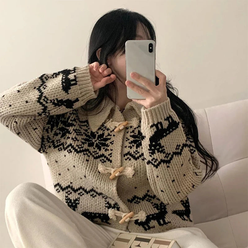 Damen Strickjacke mit kreativem Tiermotiv und hochwertigen Holzknöpfen Drune