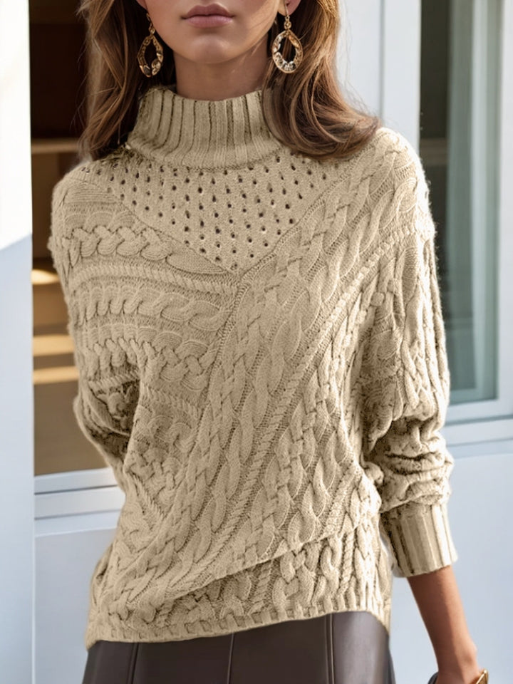 Damen Strickpullover mit hohem Kragen und detailliertem Kabelmuster Drune