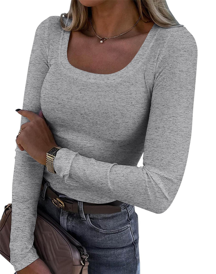 Damen Langarm Ripp-T-Shirt mit elegantem U-Boot-Ausschnitt Drune