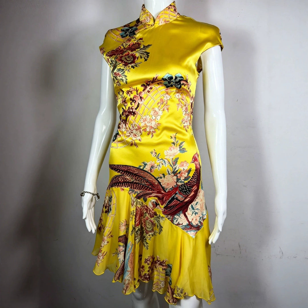 Damen Chiffonkleid mit floralen Bestickungen und asymmetrischem Saum Drune