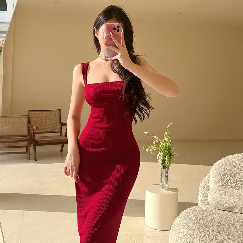 Damen figurbetontes Maxi-Kleid mit quadratischem Ausschnitt und Rippstruktur Drune