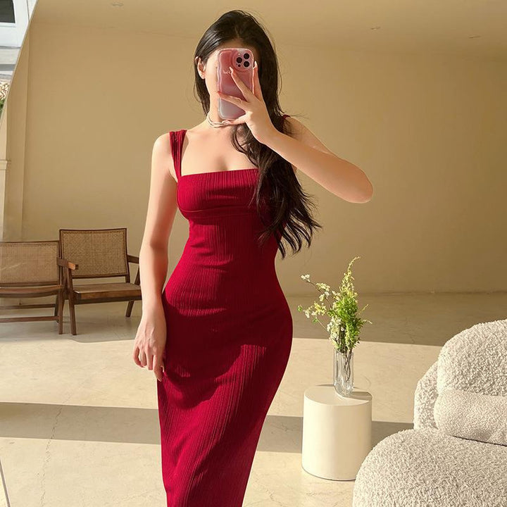 Damen figurbetontes Maxi-Kleid mit quadratischem Ausschnitt und Rippstruktur Drune