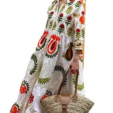 Damen Langarm-Teilkaro Kleid mit floralen Stickereien Drune