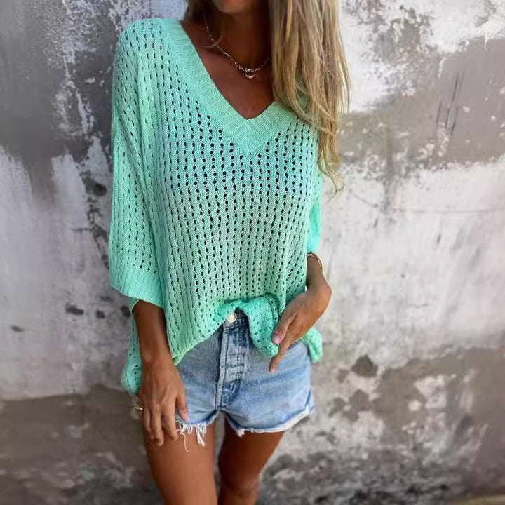 Damen nan luftig gestrickter V-Ausschnitt Pullover im Oversize-Schnitt Drune