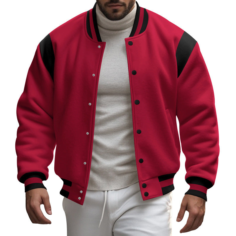 Herren nan College-Baseballjacke mit Druckknopfleiste, geripptem Kragen und kontrastierten Schulterpassen Drune