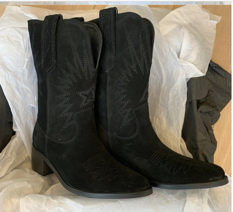 Damen nan Wildleder Westernstiefel mit spitzer Kappe und mittelhohem Blockabsatz Drune