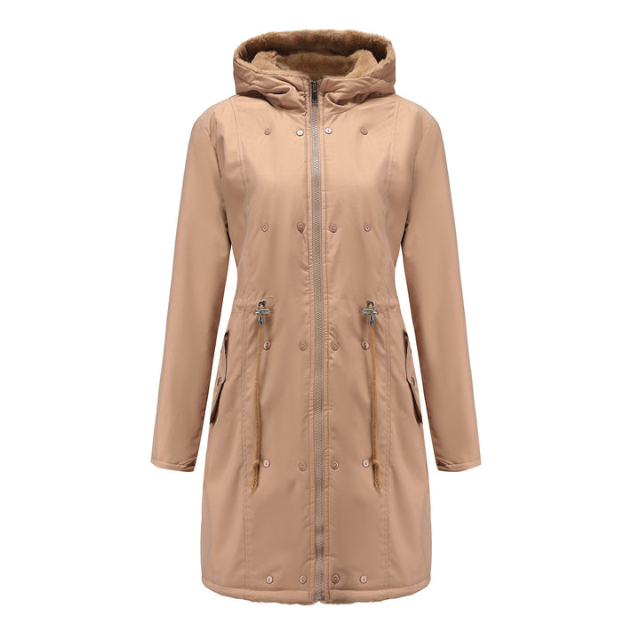 Damen modische Lange Jacke mit Kunstfellbesatz Drune