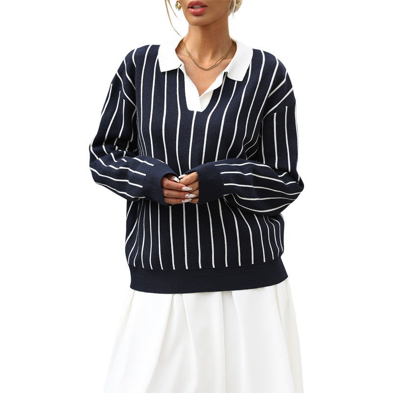 Damen Sportlicher Pullover mit kontrastierenden Streifen und klassischen Kragen Drune