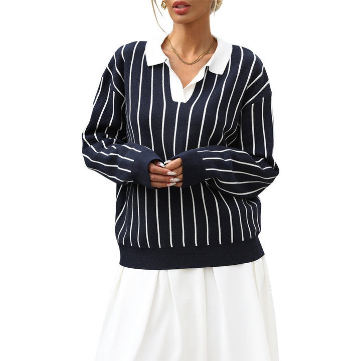 Damen Sportlicher Pullover mit kontrastierenden Streifen und klassischen Kragen Drune