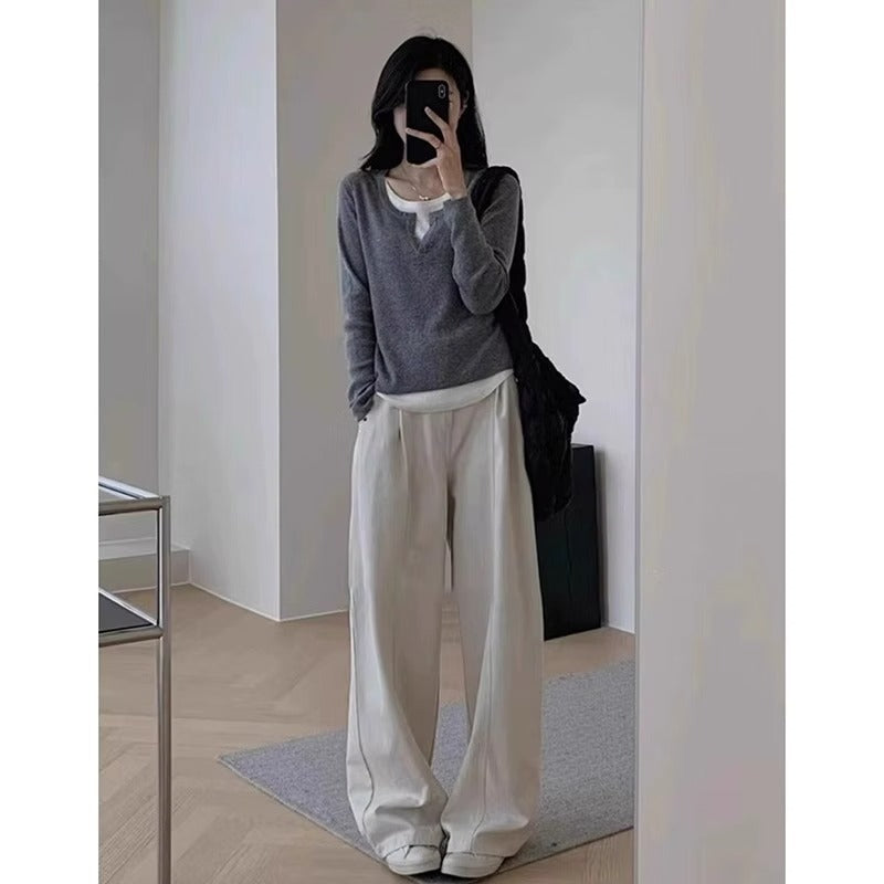 Damen eleganter und bequemer Pullover mit V-Ausschnitt und weiten Hosen Drune