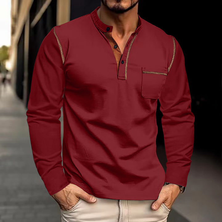 Herren nan legeres Langarm-Henleyshirt mit Stehkragen Knopfleiste und Brusttasche Drune