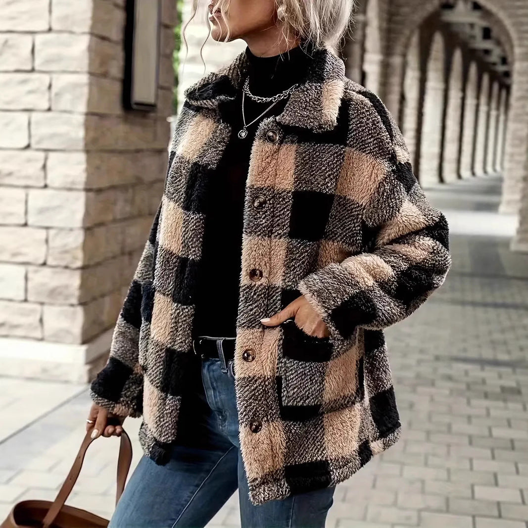 Damen Kuschelige Karofleecejacke im Casual-Stil Drune