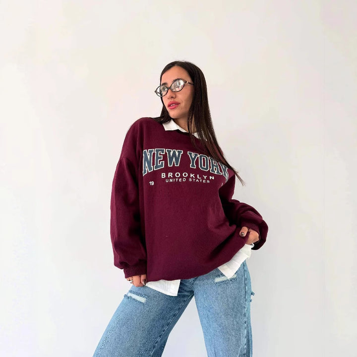 Damen lässiger Sweatshirt mit kreativem New York Print und oversized Schnitt Drune