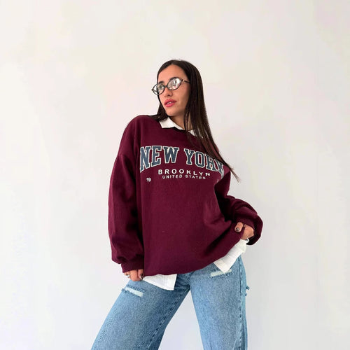 Damen lässiger Sweatshirt mit kreativem New York Print und oversized Schnitt Drune