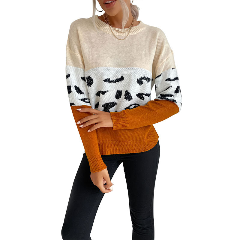 Damen lässiger Strickpullover mit modischem Farbblock-Design und animalischen Akzenten Drune