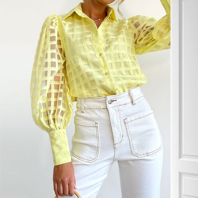 Damen Bluse mit Puffärmeln und Karomuster Drune