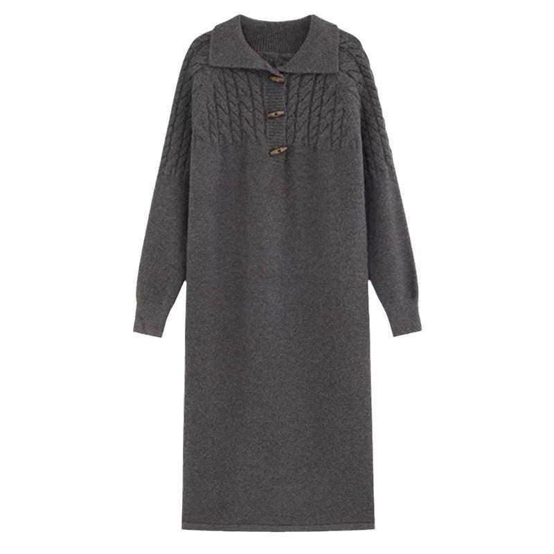 Damen Strickkleid mit Kragen und Knopfdetails Drune