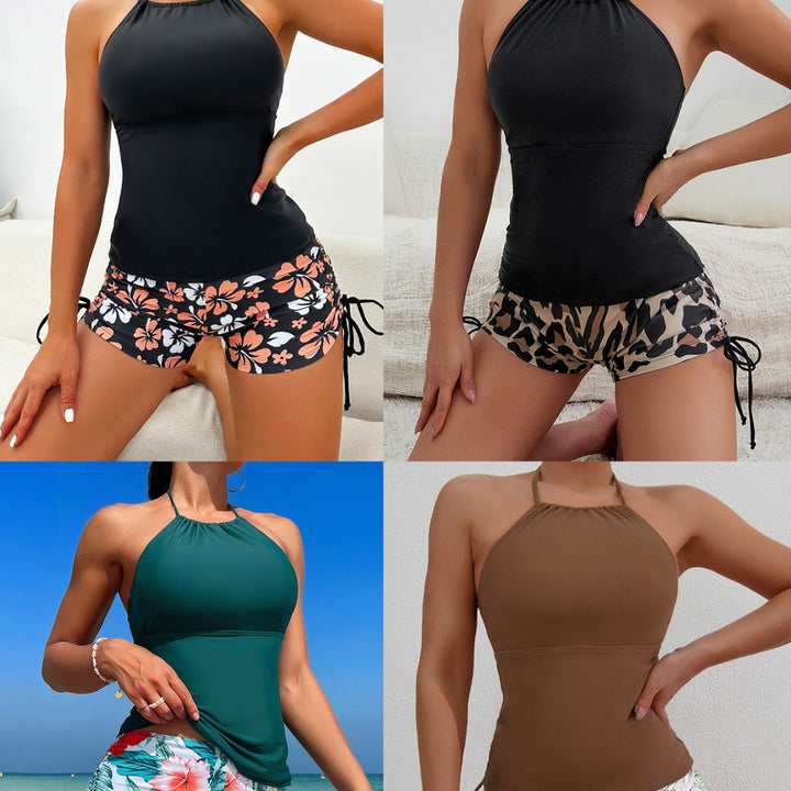 Damen Sport Top mit verstellbarem Nackenträger und floralem Muster Shorts Drune