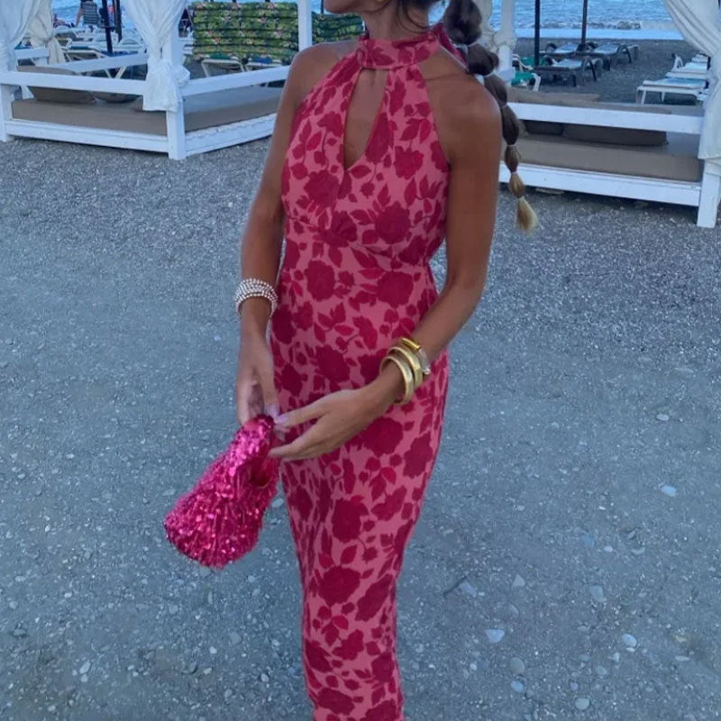 Damen Maxikleid mit schickem Schlüssel-Ausschnitt und floralem Design Drune