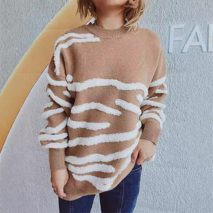 Damen lässiger Strickpullover mit modernem Zebrastreifenmuster Drune