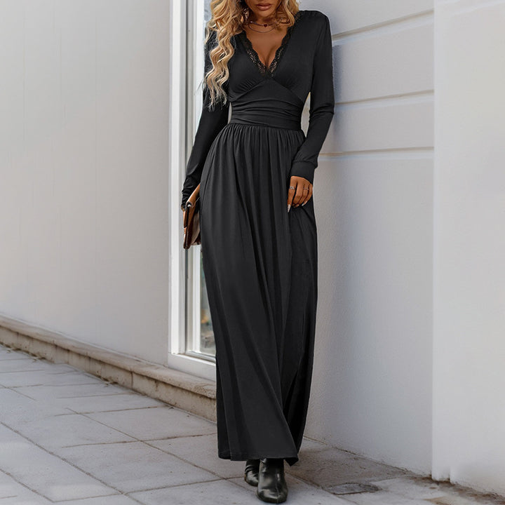 Damen Maxikleid mit elegantem V-Ausschnitt und verspielten Rüschen Drune
