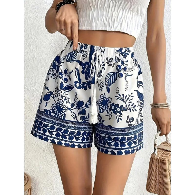 Damen Freizeitshorts mit floralem Muster und elastischem Bund Drune