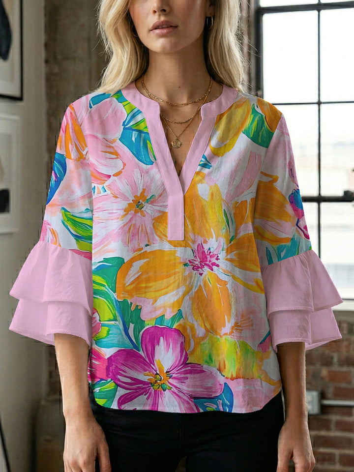 Damen Bluse mit voluminösen Rüschenärmeln und floralem Muster Drune
