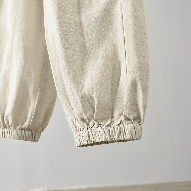 Damen lässige Leinenhose mit elastischem Bund und seitlichen Taschen Drune