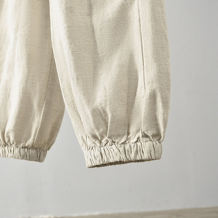 Damen lässige Leinenhose mit elastischem Bund und seitlichen Taschen Drune