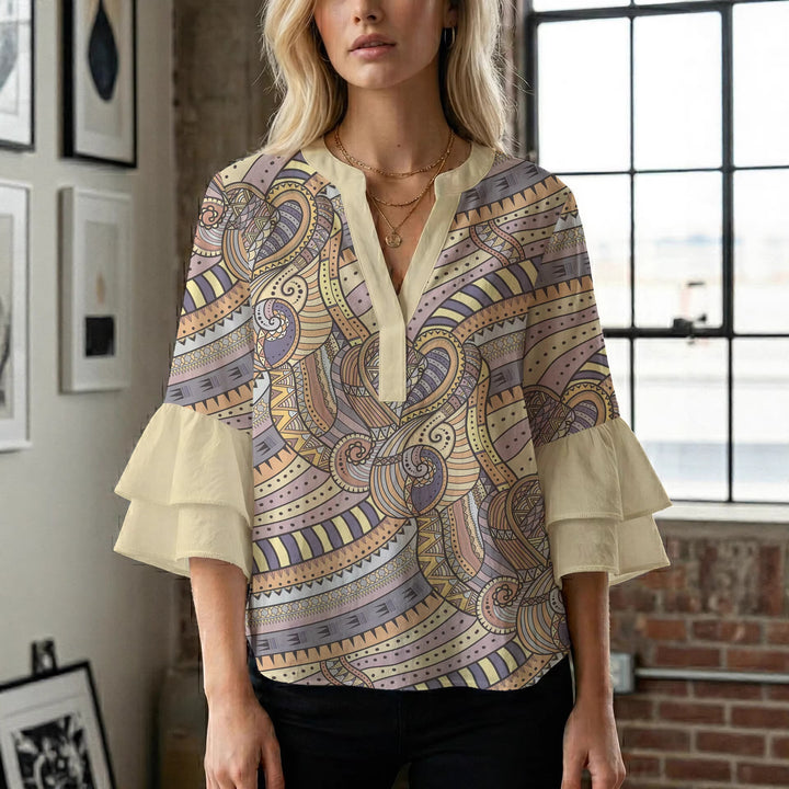 Damen elegantes Oberteil mit voluminösen Rüschensäumen und floralem Design Drune