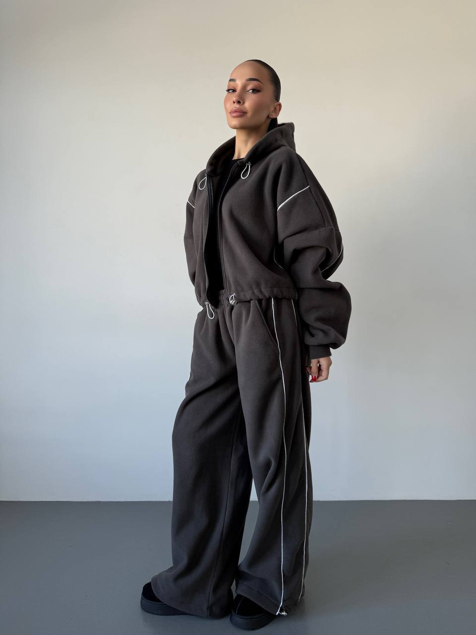 Damen lässiges Fleece-Set mit Kapuze und elastischem Bund Drune