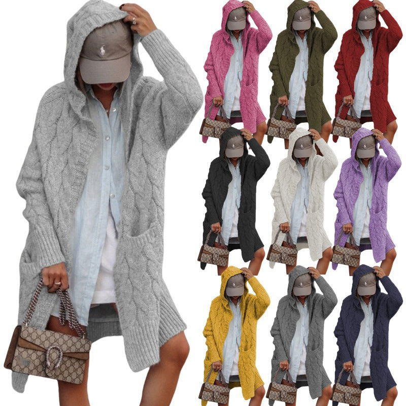 Damen Grobe Strickjacke mit Kapuze und Zopfdesign Drune