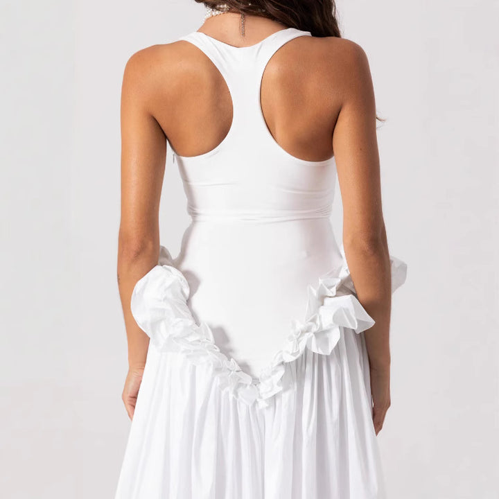Damen Elegantes Maxikleid mit Rüschensaum und Figurbetontem Oberteil Drune