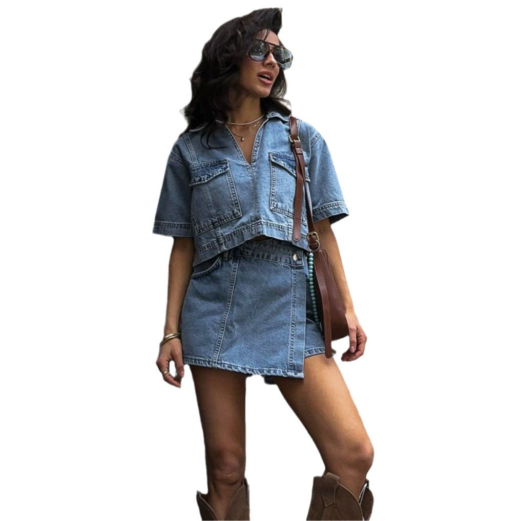 Damen Denim-Crop-Top und Rock-Set Drune