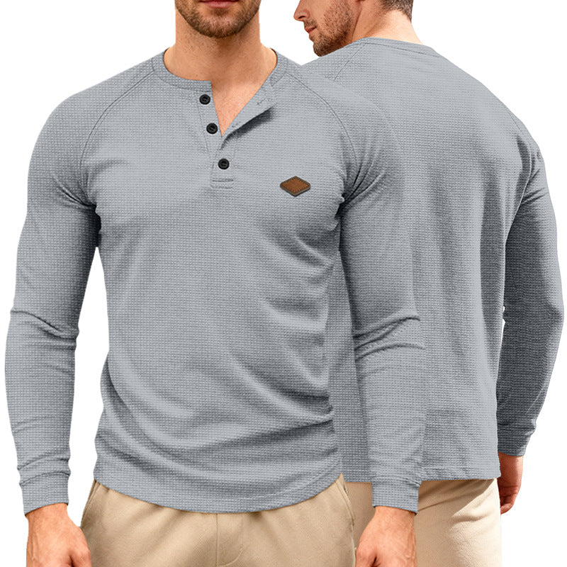 Herren nan Waffelstrick-Henley Langarmshirt mit Raglanärmeln, Halbknopfleiste und Lederlabel Drune