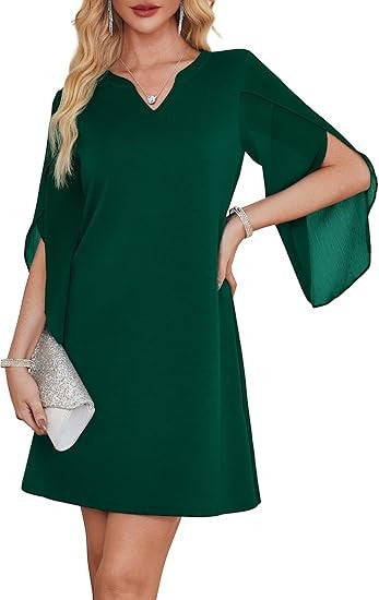 Damen V-Ausschnitt Kleid mit transparenten Ärmeln Drune