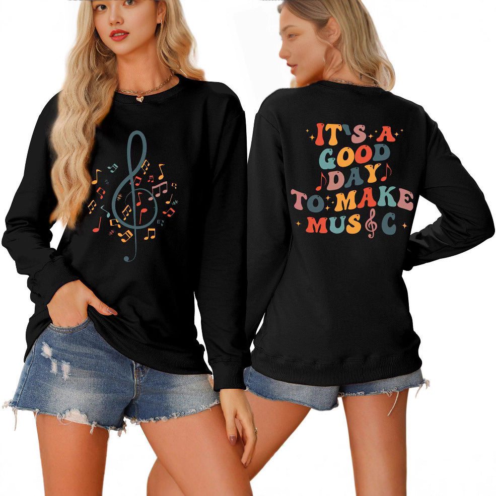 Damen Sweatshirt mit musikalischem Motiv und kreativem Schriftzug Drune