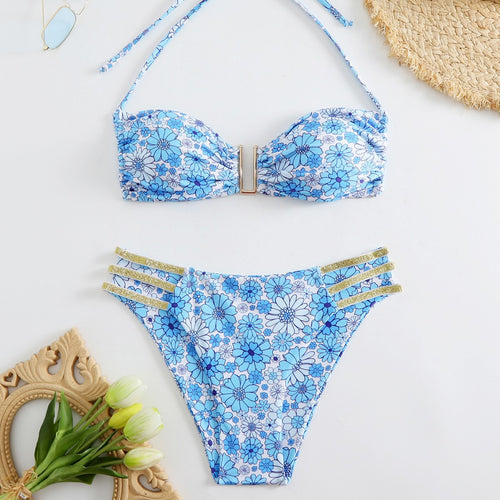 Damen Bikini-Set mit floralem Design und goldenen Akzenten Drune