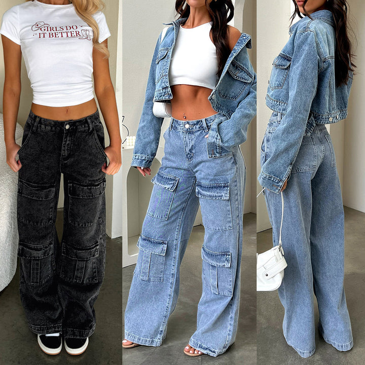 Damen nan High‑Waist Utility-Denimhose mit aufgesetzten Knie-Patches, Cargo‑Taschen und weitem Schlag Drune