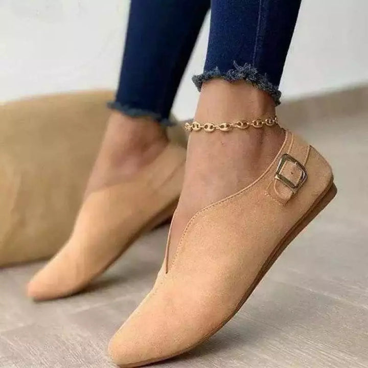 Damen nan spitz zulaufende Slipper mit V-Ausschnitt und seitlicher Metallschnalle Velourslederoptik Drune