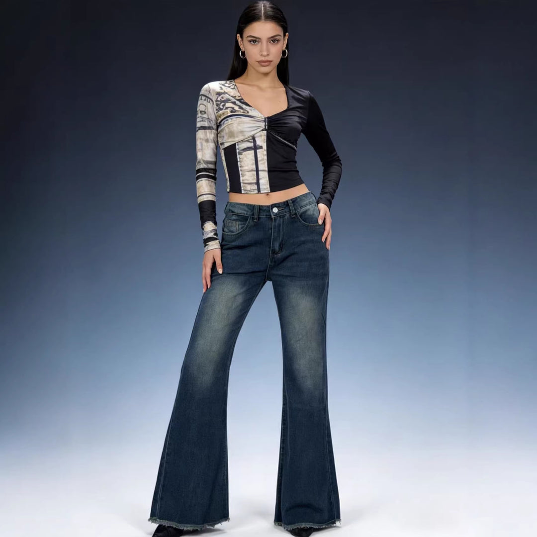 Damen nan hochgeschnittene Stretch-Flared-Jeans mit ausgefranstem Saum und taillierendem Five‑Pocket-Schnitt Drune