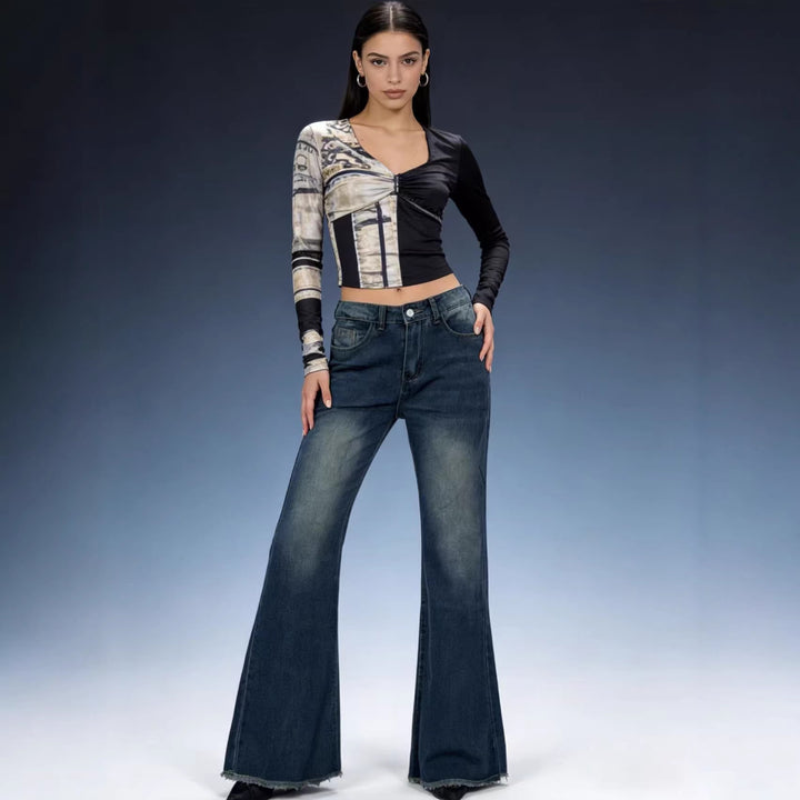 Damen nan hochgeschnittene Stretch-Flared-Jeans mit ausgefranstem Saum und taillierendem Five‑Pocket-Schnitt Drune