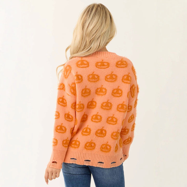 Damen Hochwertiger Strickpullover mit herbstlichem Kürbis-Motiv und elastischem Saum Drune
