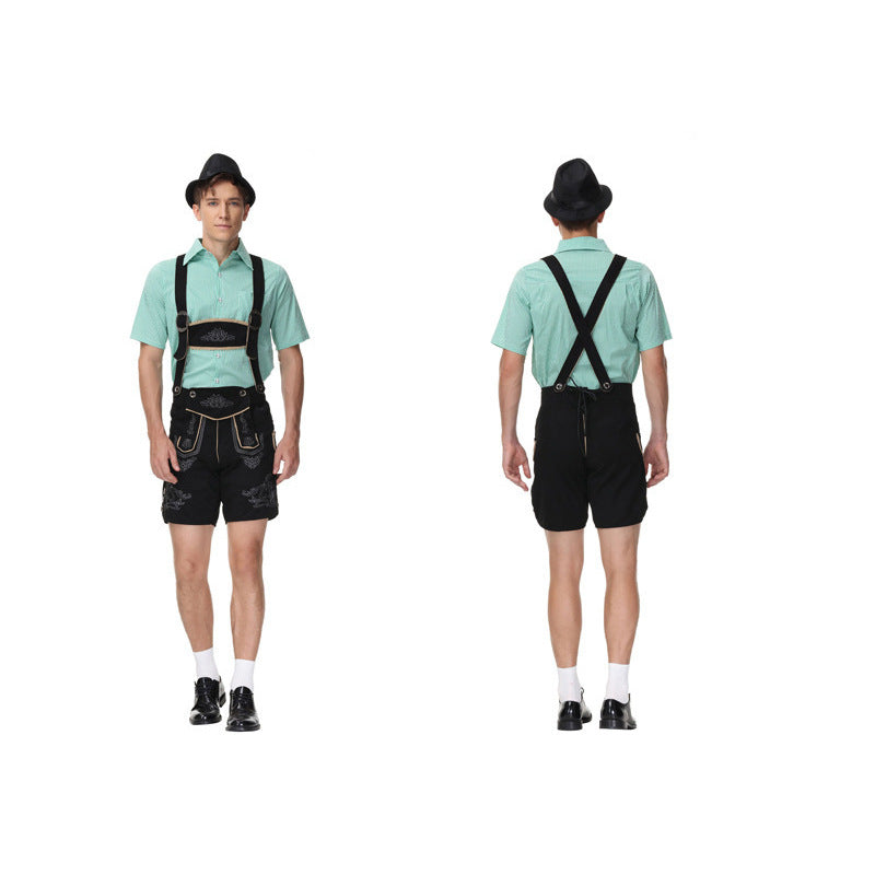Herren nan moderne kurze Trachtenlederhose mit Kreuzträgern, dekorativer Stickerei und funktionalen Taschen Drune