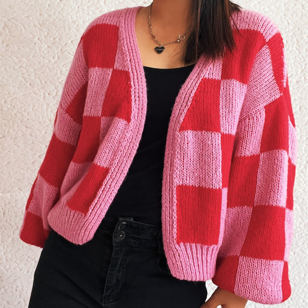 Damen lässige Strickjacke mit Karomuster und voluminösen Ärmeln Drune