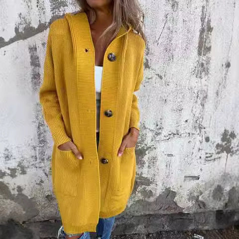Damen Strickjacke mit Kapuze und Knöpfen Drune
